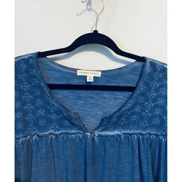 Farmers Market Top Womens Medium Mineral Wash Blue Eyelet 3/4 Sleeve Peasant - Picture 2 of 8